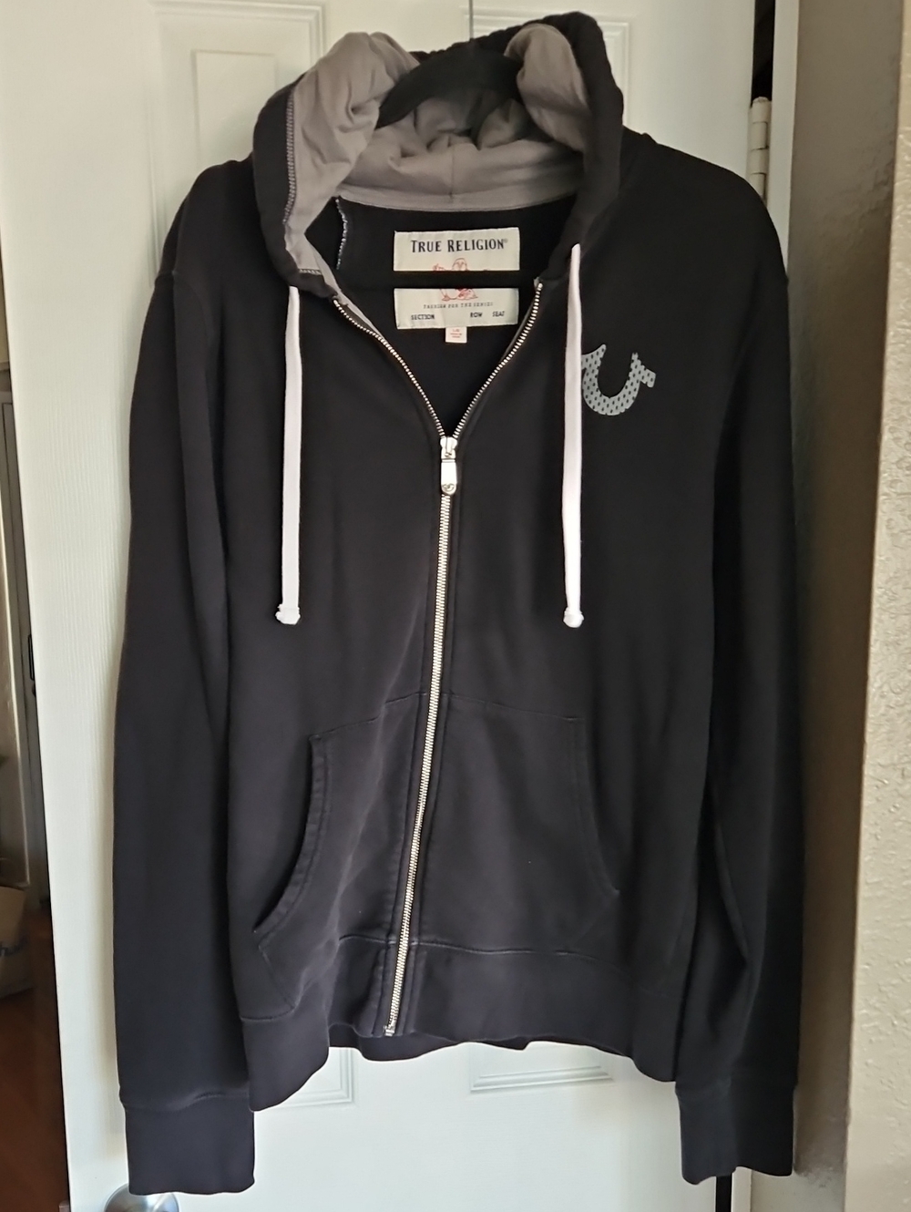True Religion Men's Full Zip Hoodie Black Mesh Back Spellout Logo Sz Lg